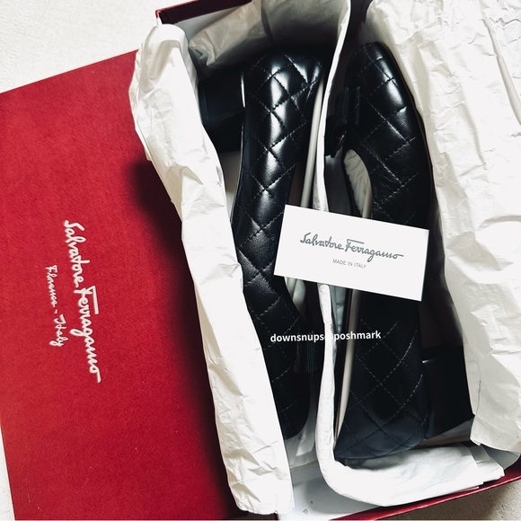 Salvatore Ferragamo Vera Q Signature Bow Quilted Low Block Heel Pumps - Picture 11 of 11